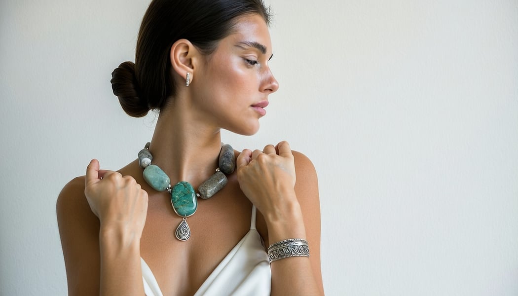 Mujer usando accesorios de piedras naturales y plata de OlivaSi Mujer usando accesorios de piedras naturales y plata de OlivaSi
